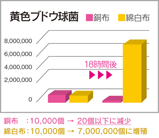 銅フィルター付きマスクなら黄色ブドウ菌が10000個から20個以下に減少
